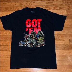 3Forty Inc. Black Graphic Tee with Red and Multicolor Design Size M
